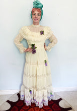 Load image into Gallery viewer, Vintage white prairie / Folk maiden Dress with hand-stitched flowers
