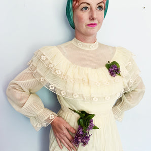 Vintage white prairie / Folk maiden Dress with hand-stitched flowers