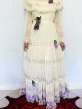 Load image into Gallery viewer, Vintage white prairie / Folk maiden Dress with hand-stitched flowers

