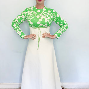 Green and White spotty dotty maxi dress 60s/70s