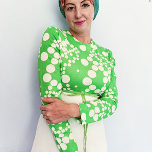 Green and White spotty dotty maxi dress 60s/70s