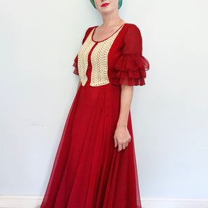 Vintage Red prairie / Folk maiden crochet Dress