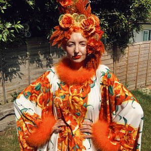 Oranges and Floral print Crepe Kaftan Dress with marabou trim