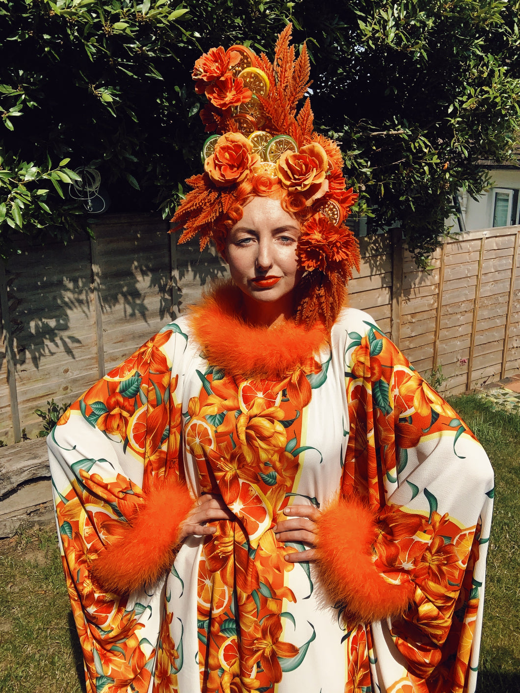 Oranges and Floral print Crepe Kaftan Dress with marabou trim