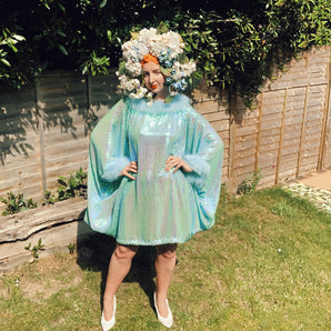 Holographic Blue and Green Mermaid sequin Marabou Mini-Dress