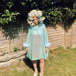 Holographic Blue and Green Mermaid sequin Marabou Mini-Dress