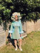 Load image into Gallery viewer, Holographic Blue and Green Mermaid sequin Marabou Mini-Dress

