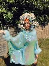 Load image into Gallery viewer, Holographic Blue and Green Mermaid sequin Marabou Mini-Dress
