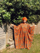 Load image into Gallery viewer, Orange and pink leopard print Kaftan Dress with pom pom trim
