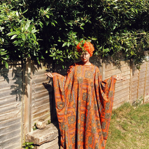 Orange and pink leopard print Kaftan Dress with pom pom trim