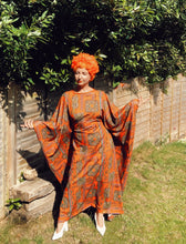 Load image into Gallery viewer, Orange and pink leopard print Kaftan Dress with pom pom trim
