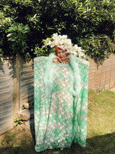 Load image into Gallery viewer, Floral Lace mint and cream Kaftan Dress with mint marabou trim
