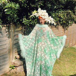 Floral Lace mint and cream Kaftan Dress with mint marabou trim