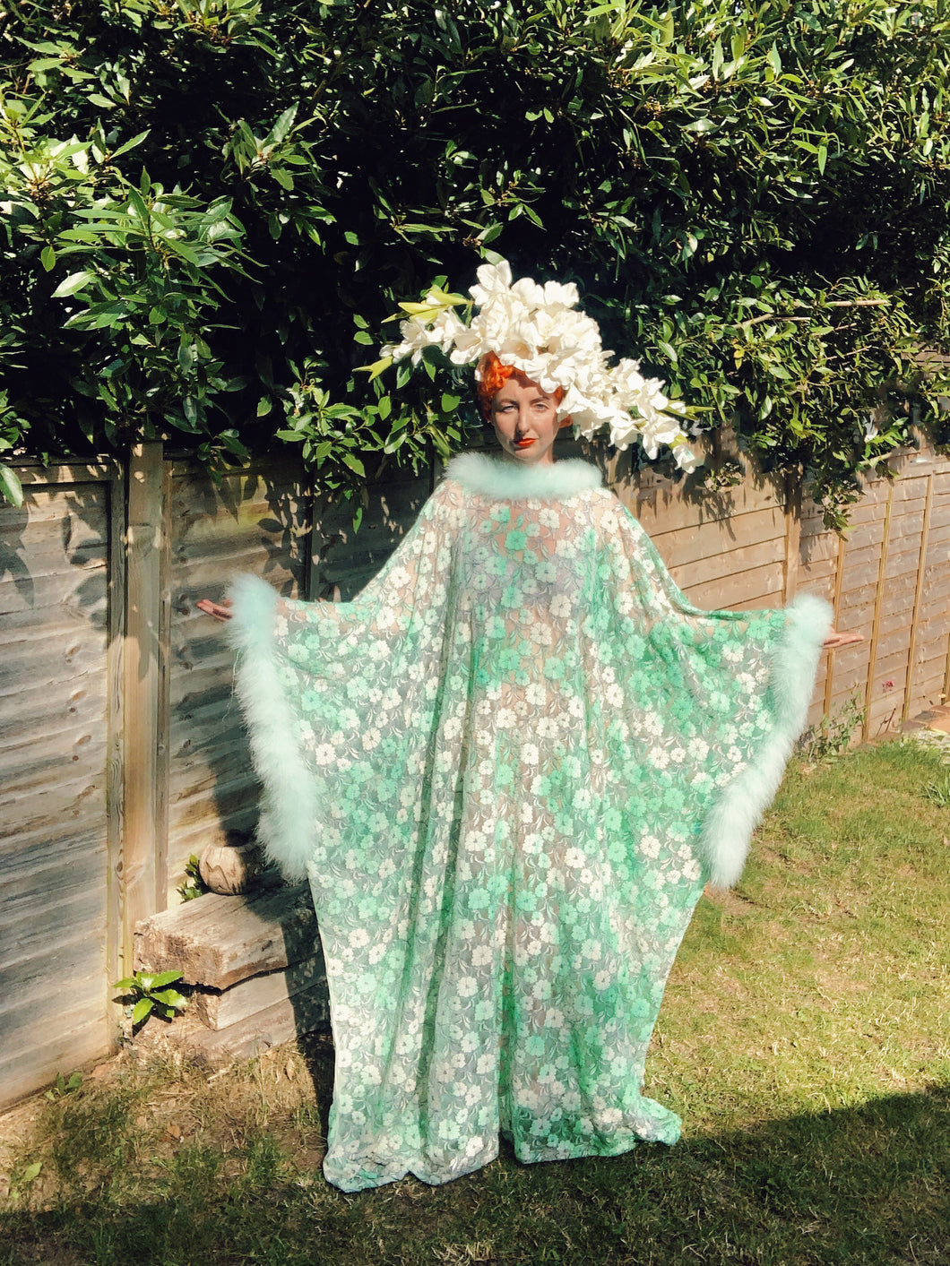 Floral Lace mint and cream Kaftan Dress with mint marabou trim