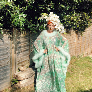 Floral Lace mint and cream Kaftan Dress with mint marabou trim