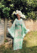Load image into Gallery viewer, Floral Lace mint and cream Kaftan Dress with mint marabou trim
