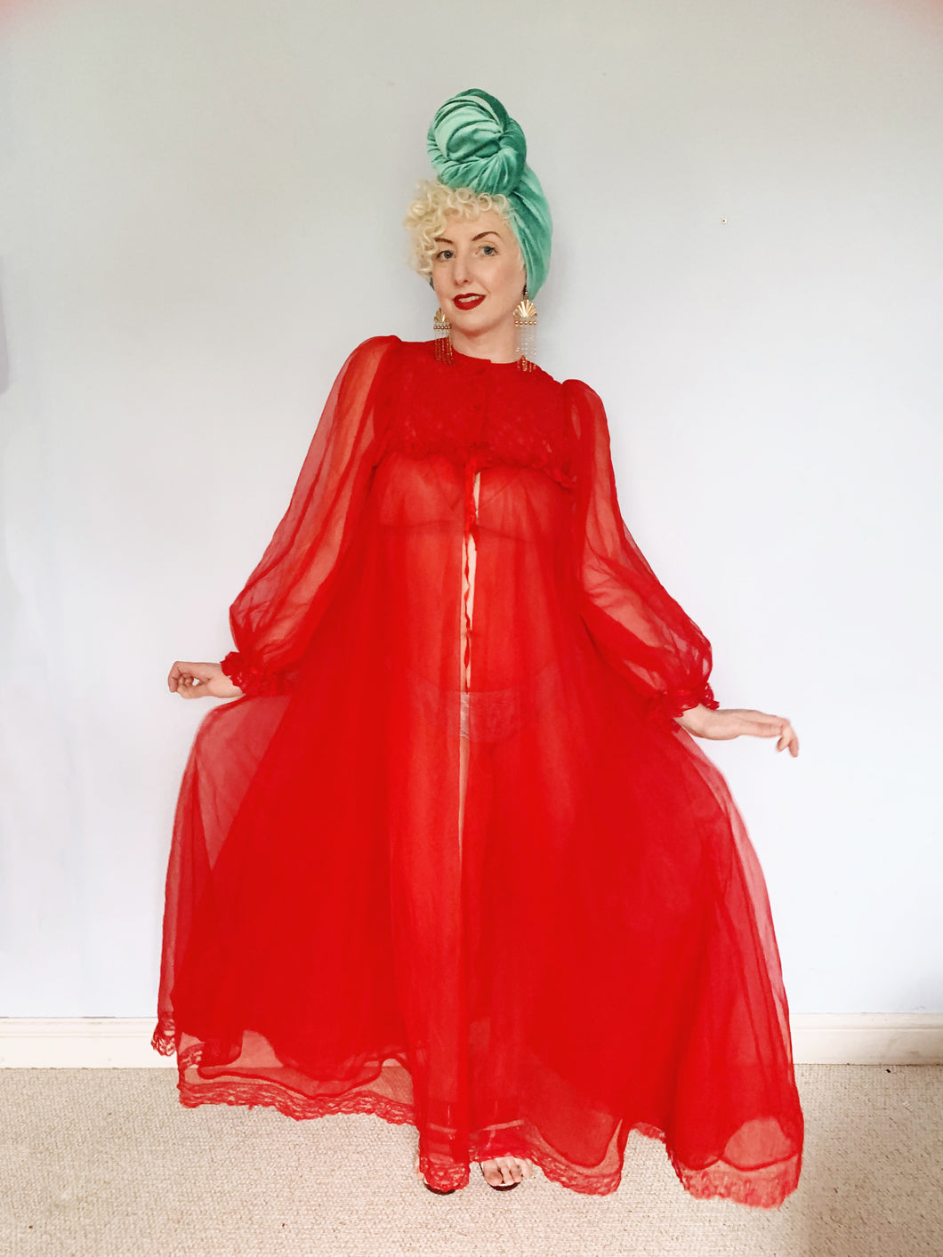 Richards Shops - Red Sheer Nylon Frill Dress / bed jacket