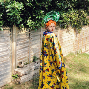 Yellow Clown print satin Kaftan Dress with ruffle ribbon trim