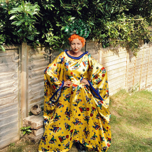 Yellow Clown print satin Kaftan Dress with ruffle ribbon trim
