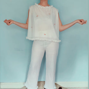 White Nylon 2-piece with ruffle trims and hand stitched roses