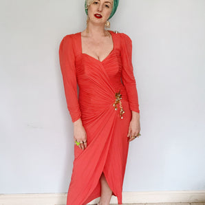 Salmon Pink Ruched 80S Dress with sequin detailing