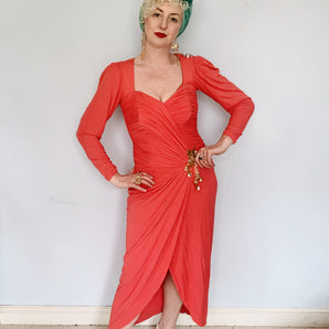 Salmon Pink Ruched 80S Dress with sequin detailing