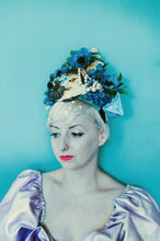 Load image into Gallery viewer, Vintage blue floral bejewelled origami Beaded Pearl Crown
