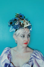 Load image into Gallery viewer, Vintage blue floral bejewelled origami Beaded Pearl Crown
