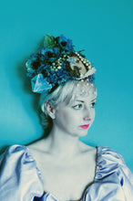 Load image into Gallery viewer, Vintage blue floral bejewelled origami Beaded Pearl Crown
