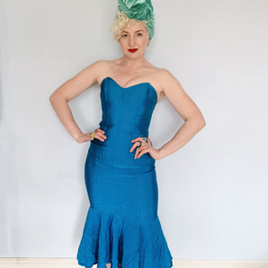Blue Ribbed Strapless Dress - Vintage Miss Selfridge