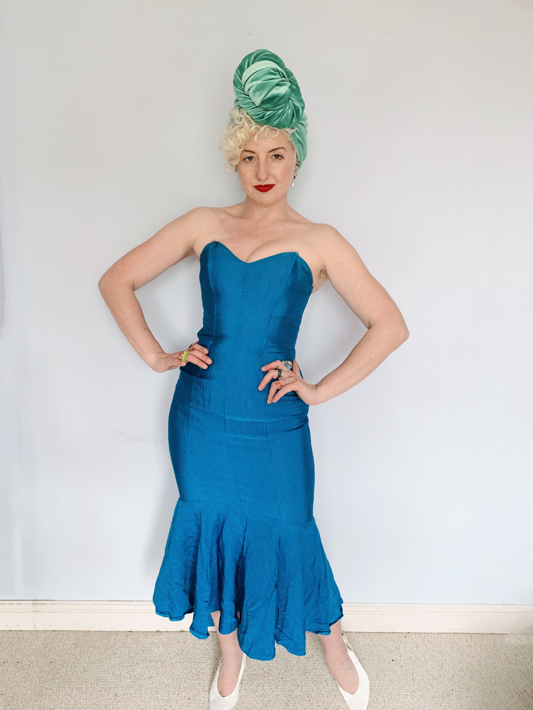 Blue Ribbed Strapless Dress - Vintage Miss Selfridge