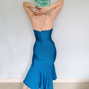 Blue Ribbed Strapless Dress - Vintage Miss Selfridge