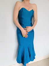 Load image into Gallery viewer, Blue Ribbed Strapless Dress - Vintage Miss Selfridge
