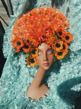 Load image into Gallery viewer, Giant orange fan Frida floral statement headdress / headpiece / crown
