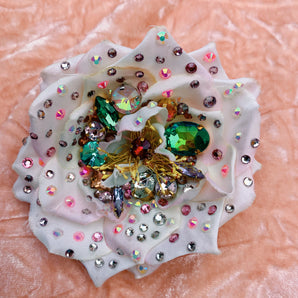 Heavily Bejewelled Rose White Brooch