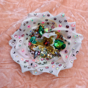 Heavily Bejewelled Rose White Brooch