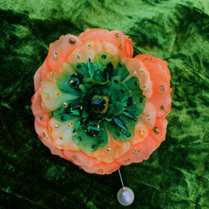 Silk Ranunculus Flowers Orange Green Bejewelled Brooch