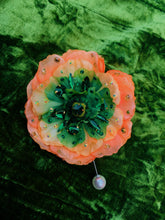 Load image into Gallery viewer, Silk Ranunculus Flowers Orange Green Bejewelled Brooch

