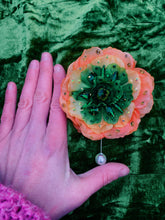 Load image into Gallery viewer, Silk Ranunculus Flowers Orange Green Bejewelled Brooch
