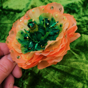 Silk Ranunculus Flowers Orange Green Bejewelled Brooch