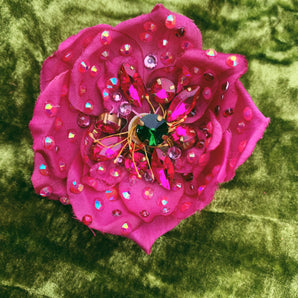 Heavily Bejewelled hand-stitched Rose fuchsia Brooch