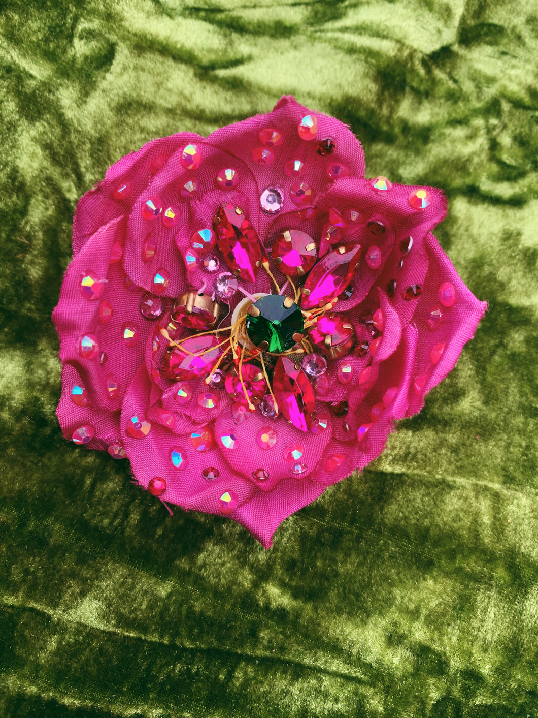 Heavily Bejewelled hand-stitched Rose fuchsia Brooch