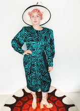 Load image into Gallery viewer, Blue/Green Silk print 80s dress. Size 14
