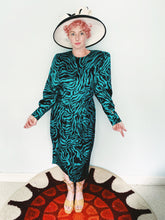 Load image into Gallery viewer, Blue/Green Silk print 80s dress. Size 14
