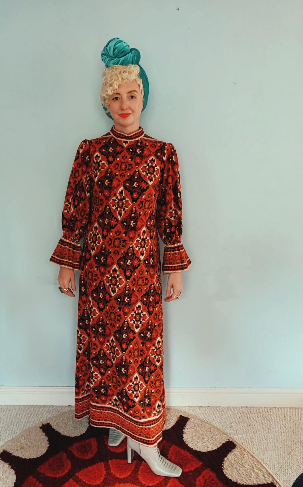 Brown and red 70s print long sleeve maxi dress