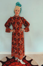 Load image into Gallery viewer, Brown and red 70s print long sleeve maxi dress
