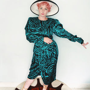 Blue/Green Silk print 80s dress. Size 14