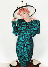 Load image into Gallery viewer, Blue/Green Silk print 80s dress. Size 14
