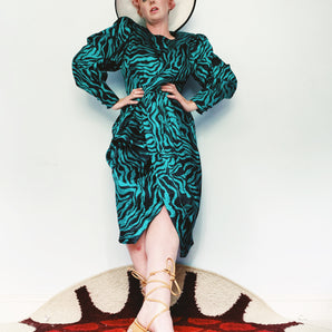 Blue/Green Silk print 80s dress. Size 14