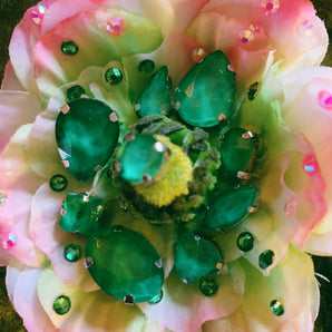 Silk Ranunculus Flowers Pink/Green Bejewelled Brooch